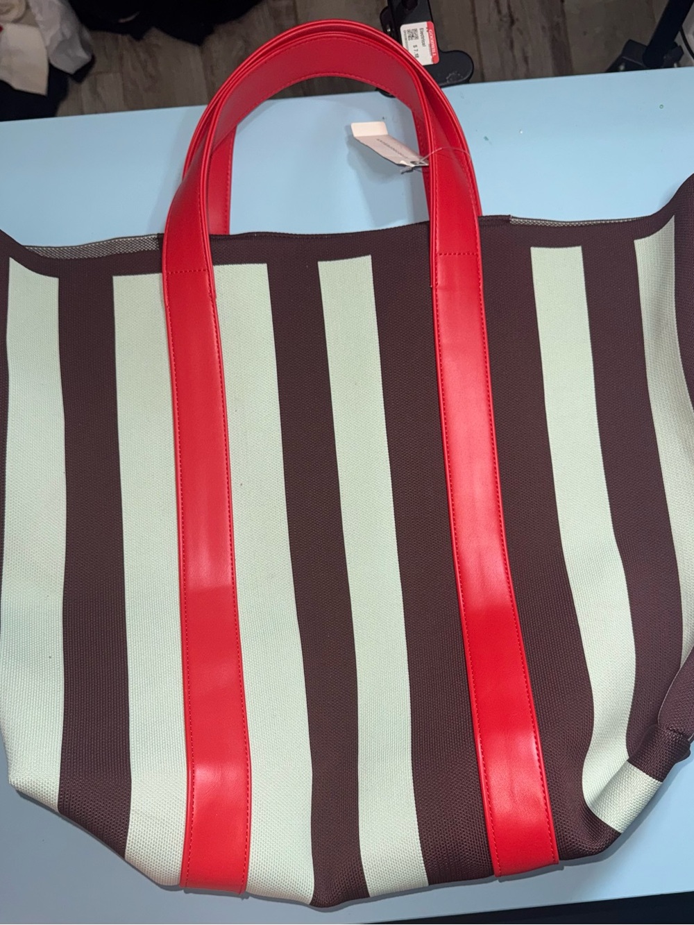 Anthropologie Oversized Striped Tote with Red Handles - Picture 2 of 5